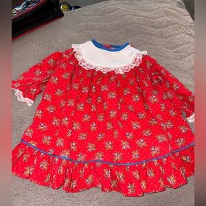 Vintage JCPenney Red Floral Toddler Dress with Blue Trim Binding